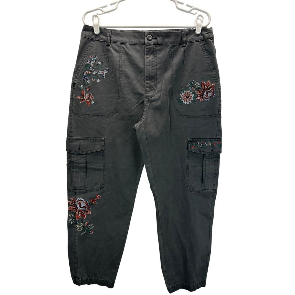 Sundance Embroidered Cargo Pants Gray Floral Boho Utility Pants 12